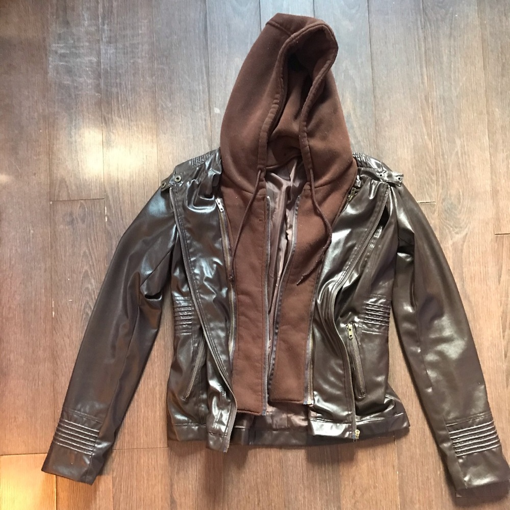 Faux Leather Jacket with Hoodie Insert